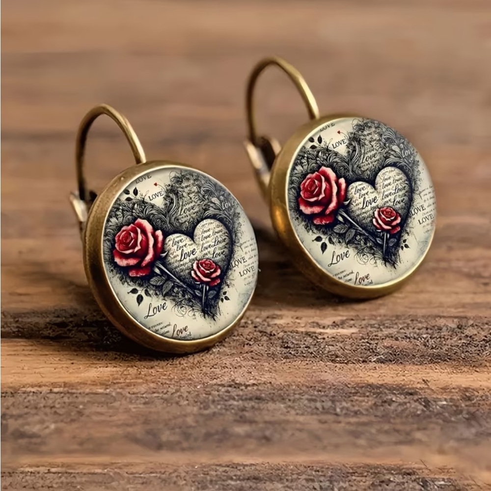 Vintage Bubble Glass Rose Heart Earrings | Romantic Love Print | Antique Gold
